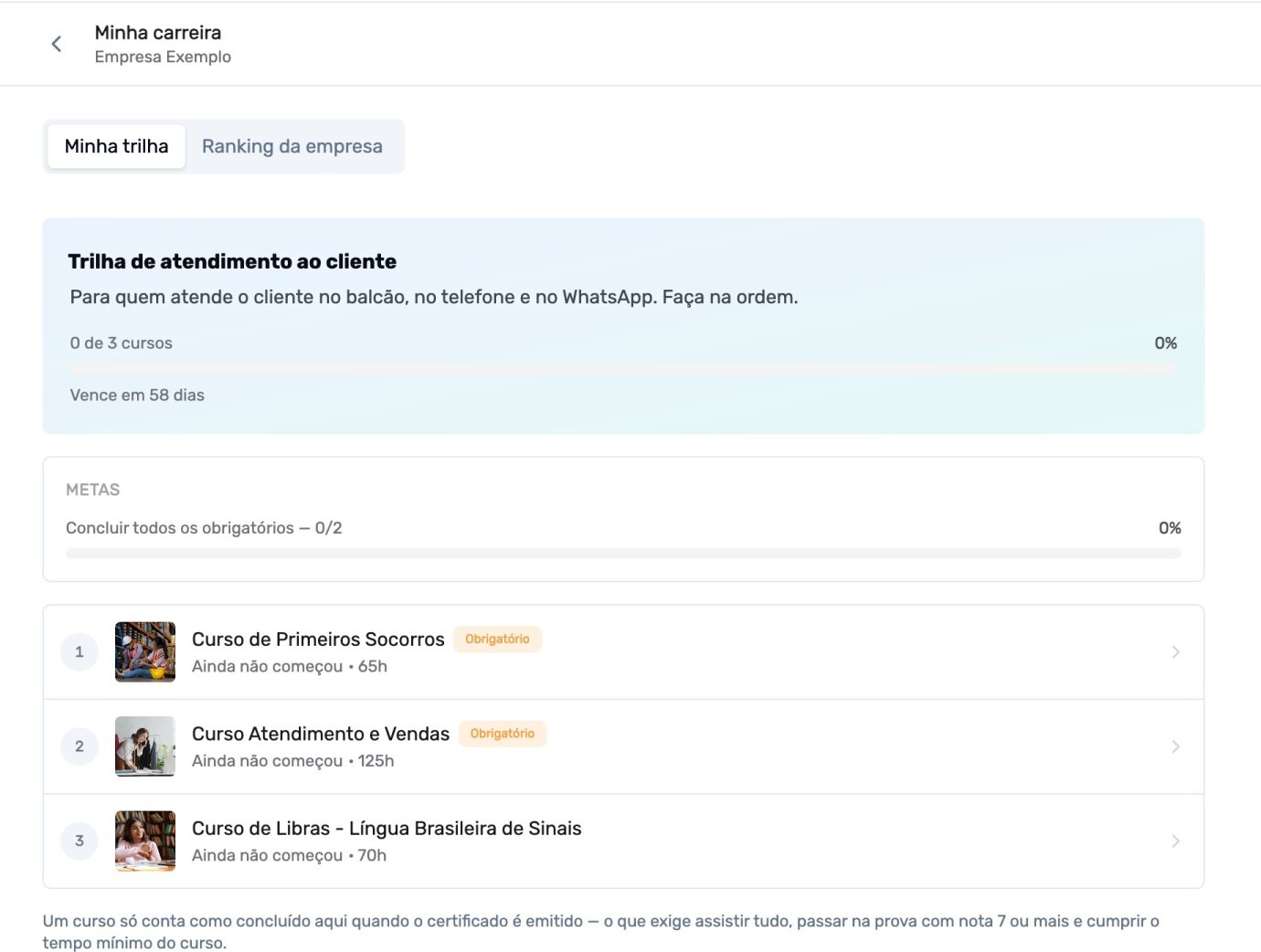 Trilha do colaborador: Trilha de atendimento ao cliente, com prazo e meta